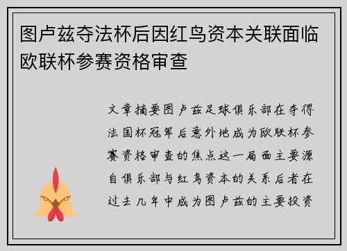 图卢兹夺法杯后因红鸟资本关联面临欧联杯参赛资格审查